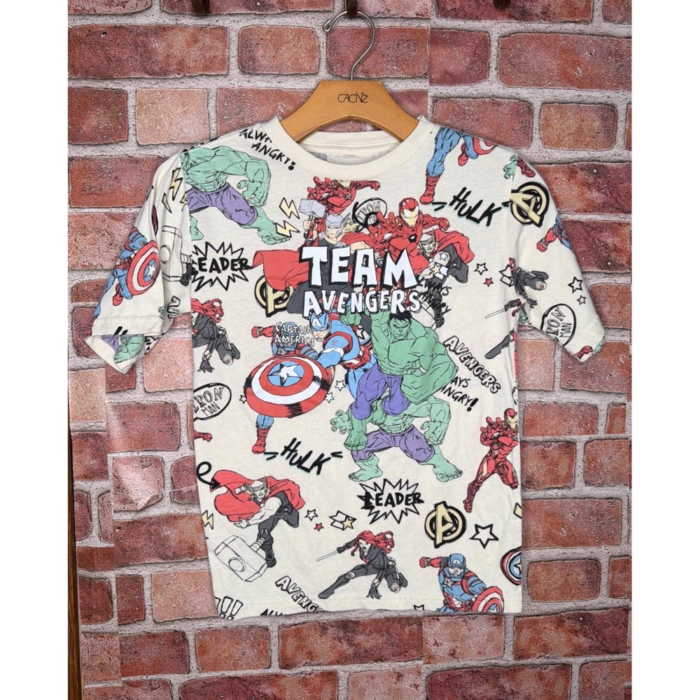 Marvel Team Avengers Boys Shirt Small 10 Cream All Over Print Graphic Tee MCU